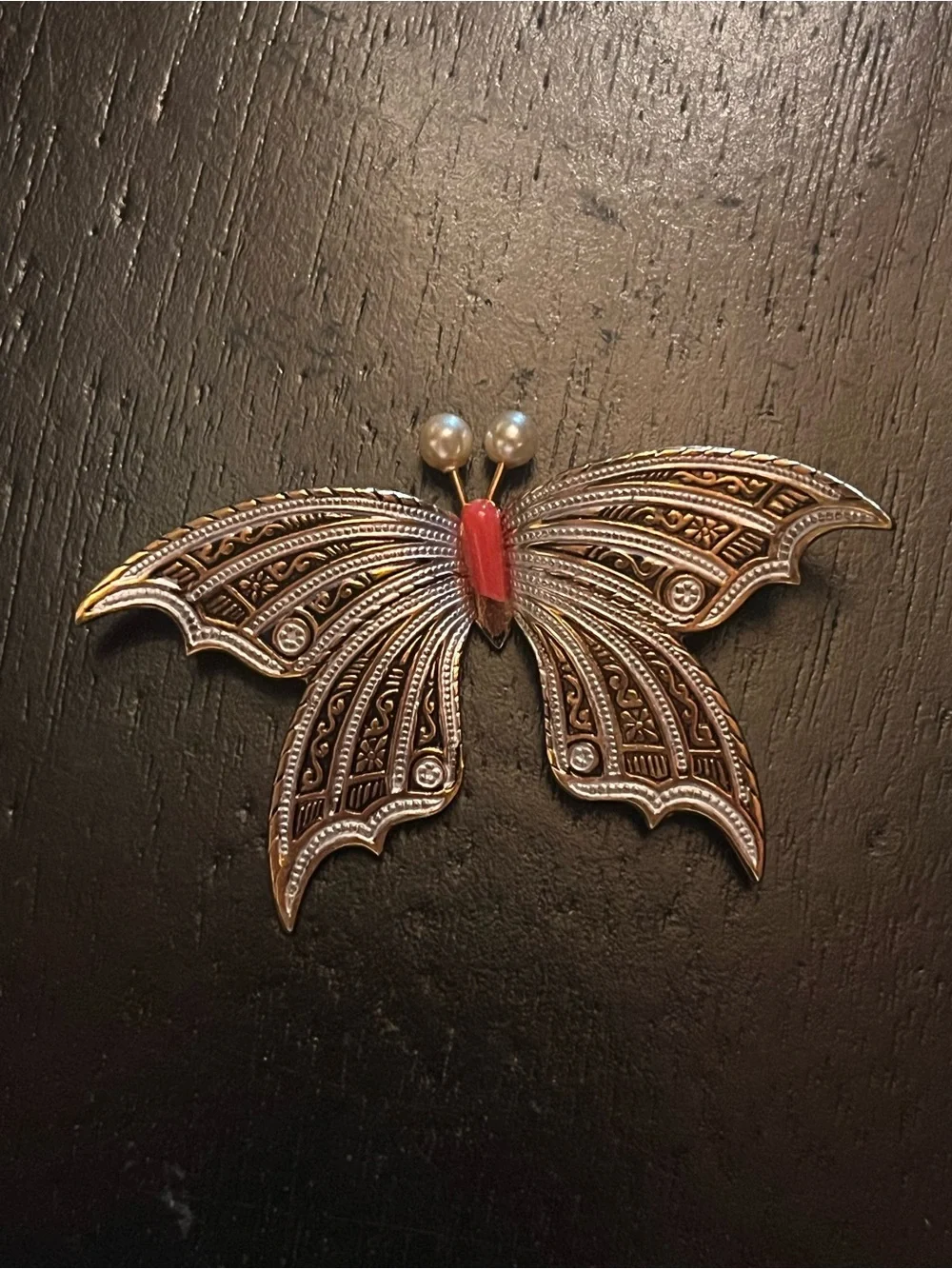 Vintage Damascene Butterfly Brooch with Red Accent and Pearl Antennae